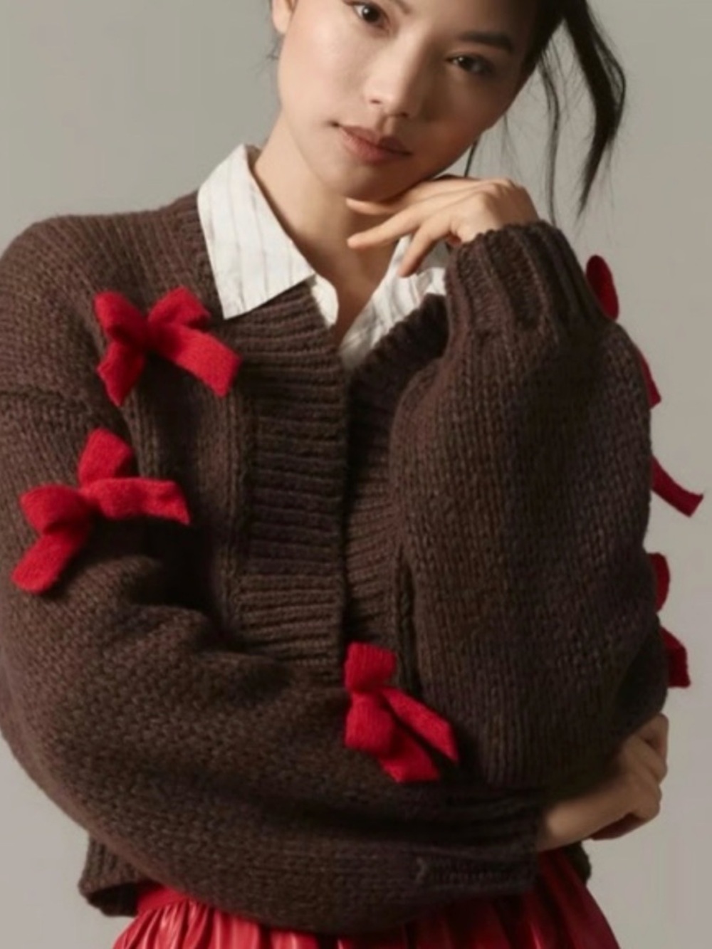 Anthropology Maeve OS Alicia 3d bow cable knit brown-red crop cardigan coquette